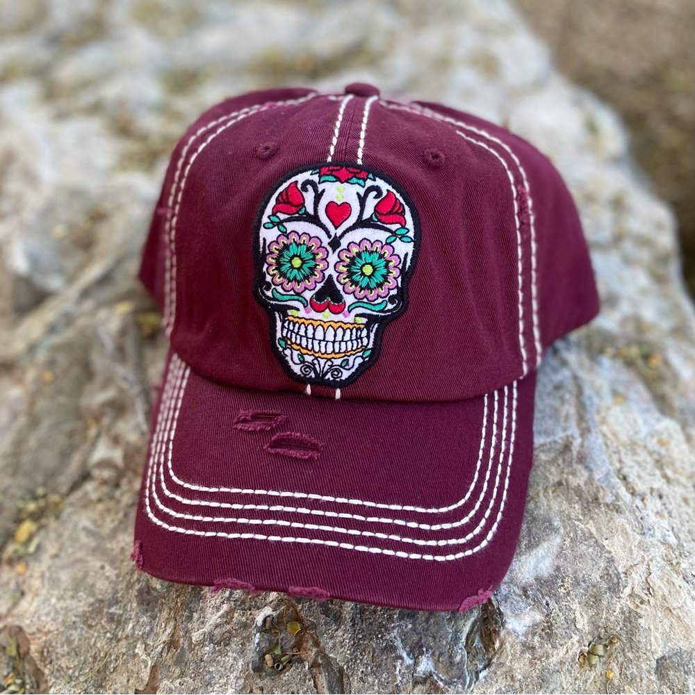SUGAR SKULL DISTRESSED HAT in Maroon⭐️NWT (Last One)